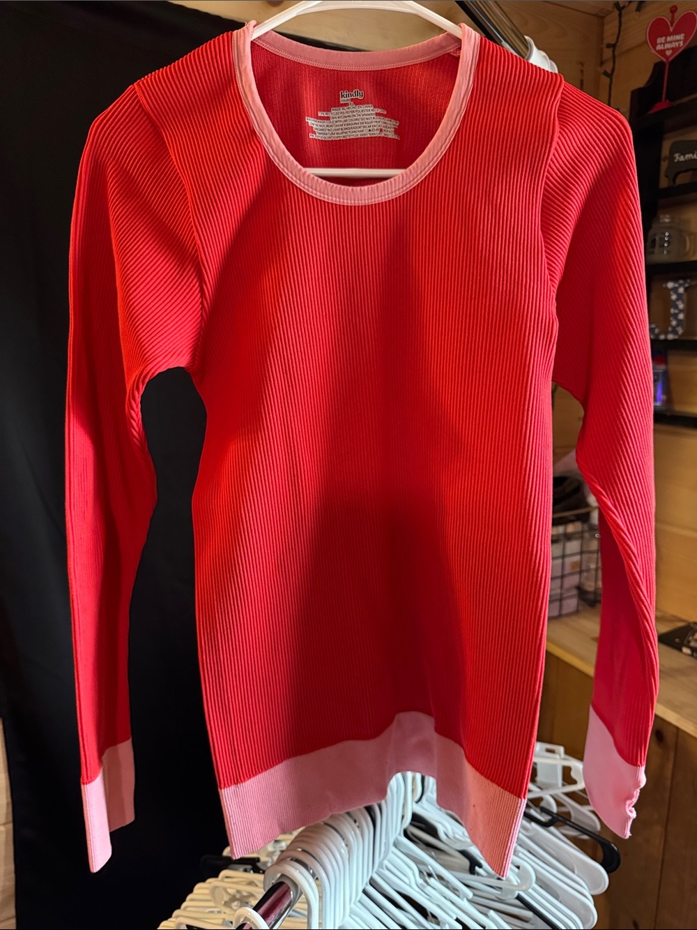 Long Sleeve Ribbed Tee in Red with Pink Trim